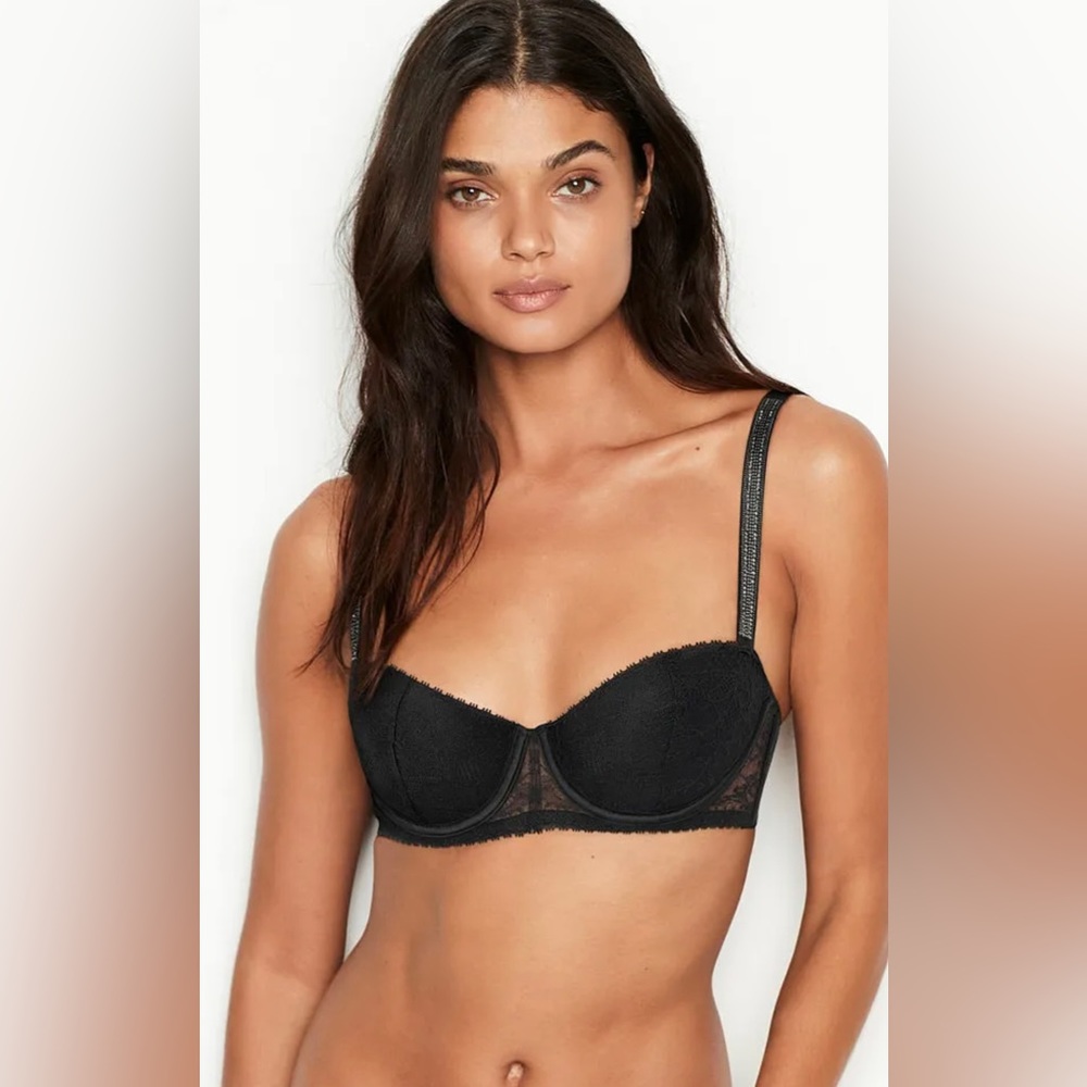 VICTORIA’S SECRET VERY SEXY LINED BALCONET BRA 38DD BLACK LACE RHINESTONE REG$72